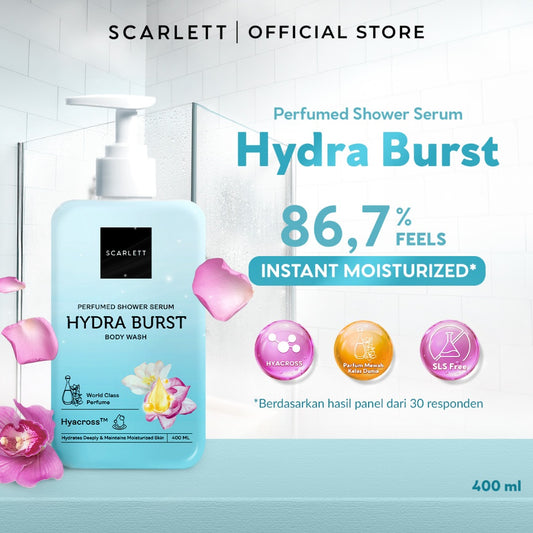 SCARLETT Perfumed Shower Serum 400ml – Hydra Burst | Hydrating Shower Gel dengan Hyacross™ | Sabun Mandi Cair Melembabkan Kulit Kering, Menjaga Kelembapan | Kulit Lembut & Kenyal dengan Wangi Parfum Mewah Kelas Dunia