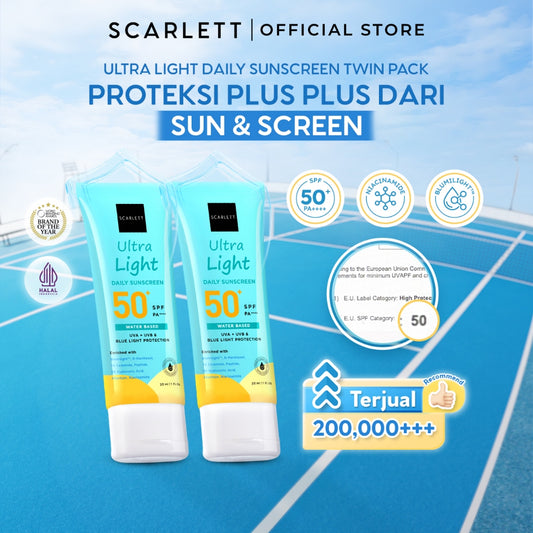 SCARLETT [Oily Skin Friendly] Twin Pack Ultra Light Daily Sunscreen SPF 50+ PA++++ [Water Based] Meresap 20an Detik (Super Ringan) dengan Niacinamide 7X Ceramide 9X Hyaluronic Acid Gak Bikin Lengket No Whitecast Anti Kusam [Lolos Uji Invivo Invitro]