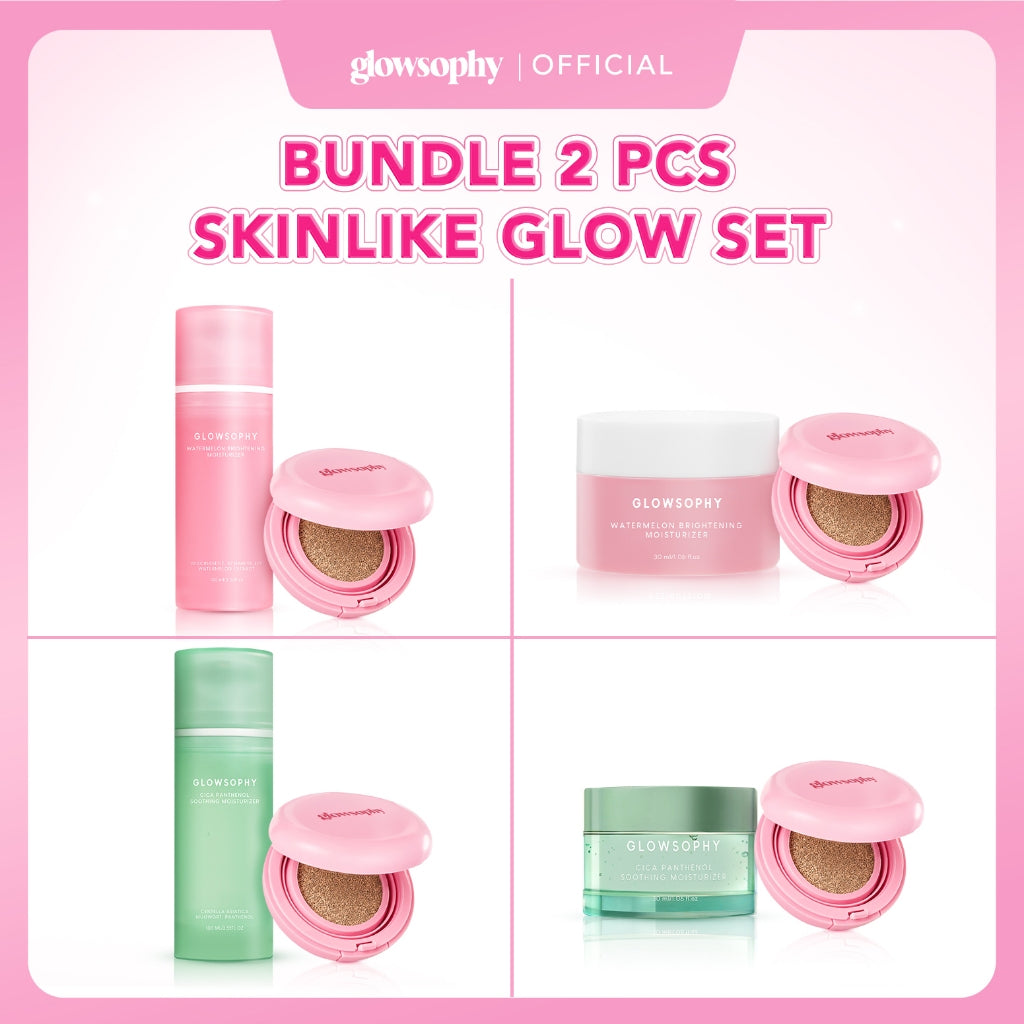 Glowsophy Bundle 2in1 Skinlike Glow Set Cover Glow Serum Cushion + Watermelon Brightening Moisturizer 100 ml  Glow Finish Cushion Ringan dengan Medium Coverage Gel Pelembab Wajah Mencerahkan Kulit Bercahaya