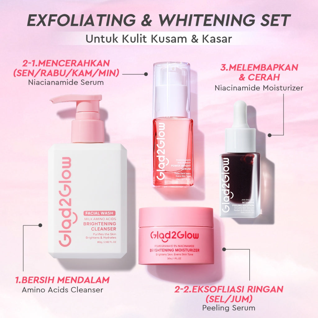 [Cocok Untuk Pemula] Glad2Glow Cerah Glowing Bundle 4in1-Brightening Moisturizer+Serum+Cleanser+toner+Peeling solution+Retinol 10%Niacinamide skincare paket pembersih perawatan kulit mencerahkan warna kulit pelembab wajah all in 1g2glow official store