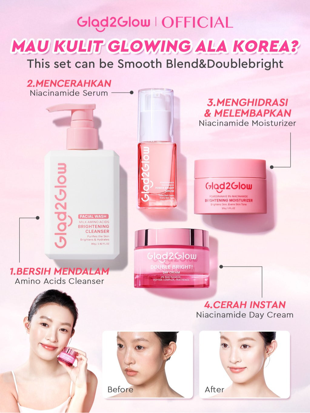 [Cocok Untuk Pemula] Glad2Glow Cerah Glowing Bundle 4in1-Brightening Moisturizer+Serum+Cleanser+toner+Peeling solution+Retinol 10%Niacinamide skincare paket pembersih perawatan kulit mencerahkan warna kulit pelembab wajah all in 1g2glow official store