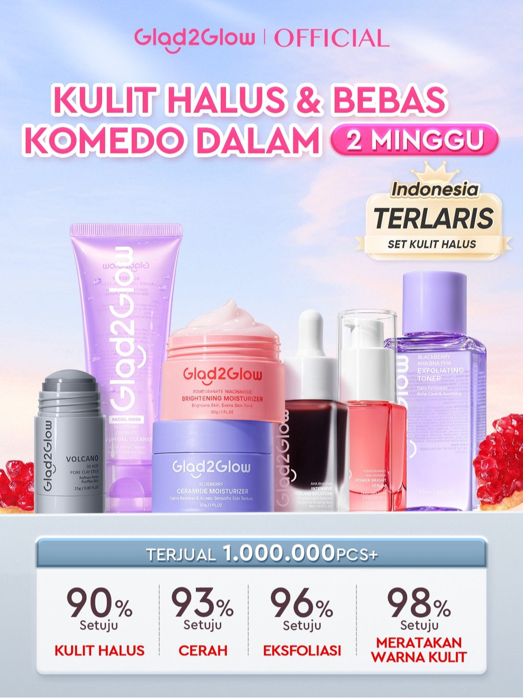 [HEMAT 60K]Glad2Glow Kulit Halus Bundle 7in1 eksfoliasi wajah Skincare Set-Pulihkan/Cerah Krim+Glowing Serum/Peeling Solution+ Cleanser+Eksfoliasi Toner-peeling whitening Moisturizer facial wash Pelembab skincare 1 set lengkap G2G glad2glow official store
