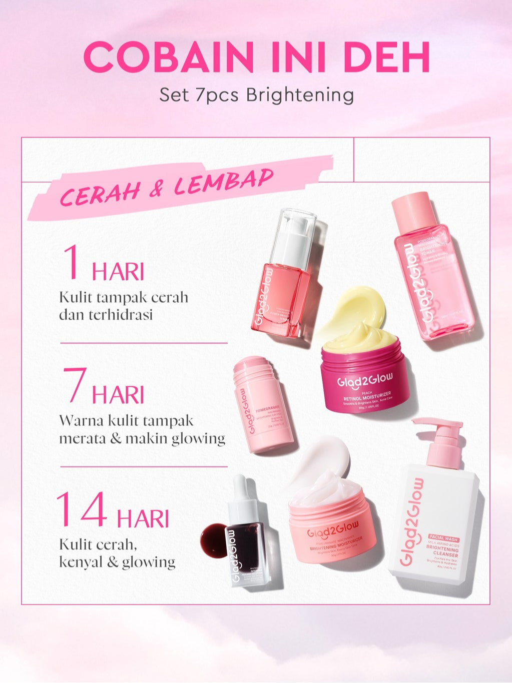 [Cocok Untuk Pemula] Glad2Glow Cerah Glowing Bundle all in 1 7in1-Brightening Moisturizer+Serum+Cleanser+toner+Peeling solution+Retinol 10%Niacinamide skincare paket pembersih perawatan kulit mencerahkan warna kulit pelembab wajah g2glow official store