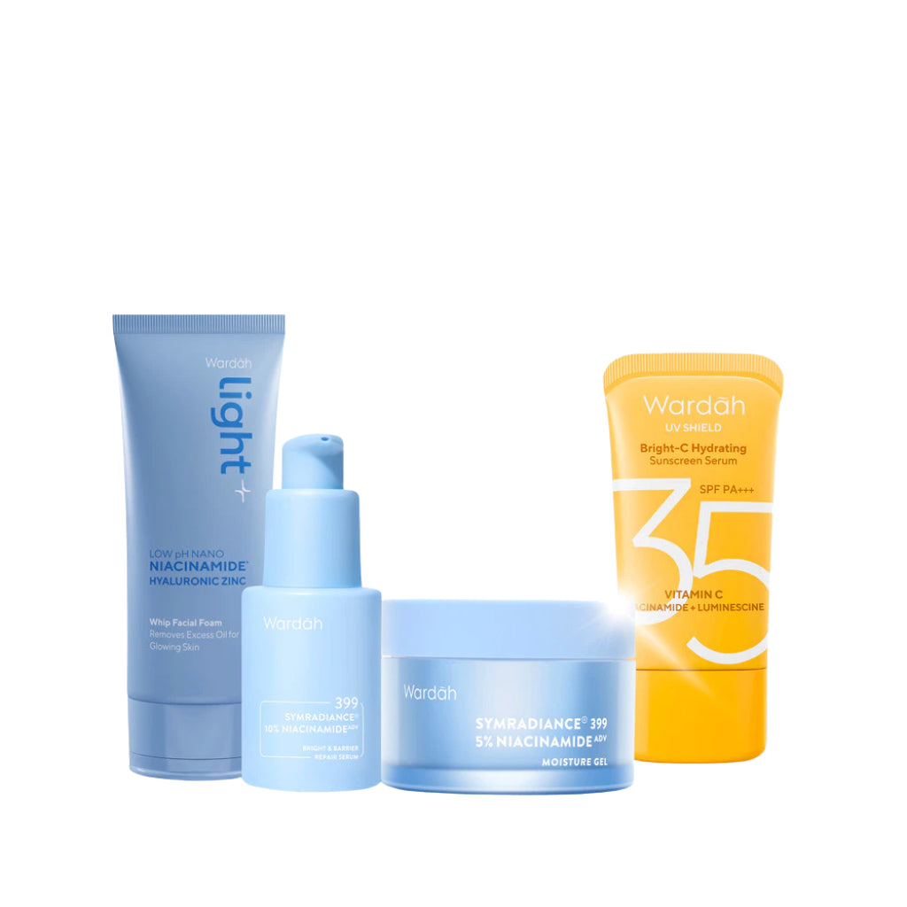 Wardah Paket 4 pcs Skincare Solusi Masalah Kulit - Face Wash, Moisturizer, Serum, & Sunscreen (Acnederm, Cica, Panthenol, UV Shield, Amino Facial Wash, Airy, Crystal Secret, Lightening, Day Cream) - Skincare
