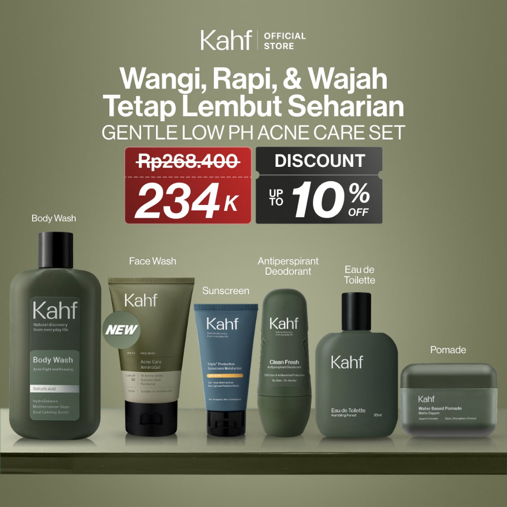 [KAHF BUNDLE 6IN1 PAKET PERAWATAN LENGKAP : WANGI, RAPI, & WAJAH TETAP LEMBUT SEHARIAN] Paket Complete Grooming (Face Wash + Sunscreen Moisturizer + Body Wash + Deodorant + EDT + Pomade/Hair Powder) - Approved by Barber and Suitable for Daily Use