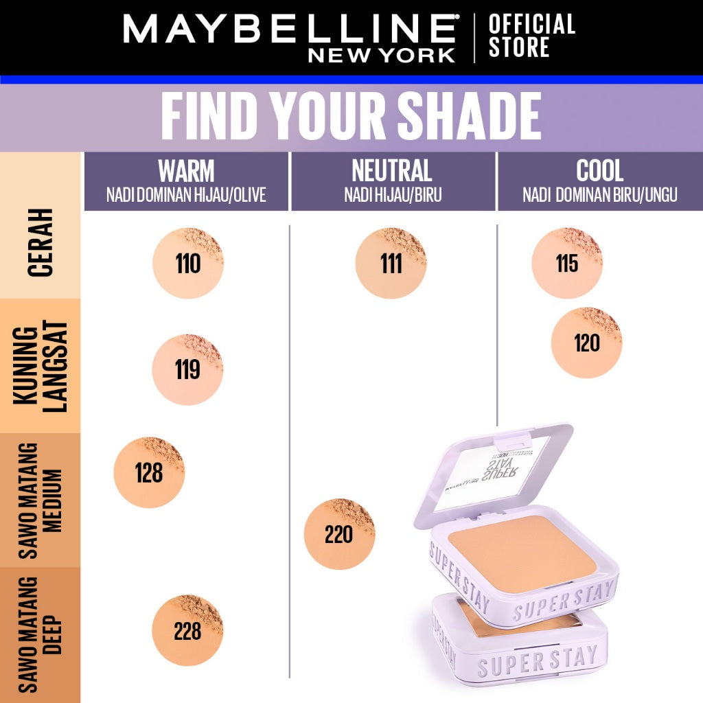 [BARU!] MAYBELLINE OFFICIAL Superstay Flex Powder 30H Longwear Powder Foundation Two-Way Cake Oil Control Transferproof Waterproof Full Coverage Setting Matte Makeup