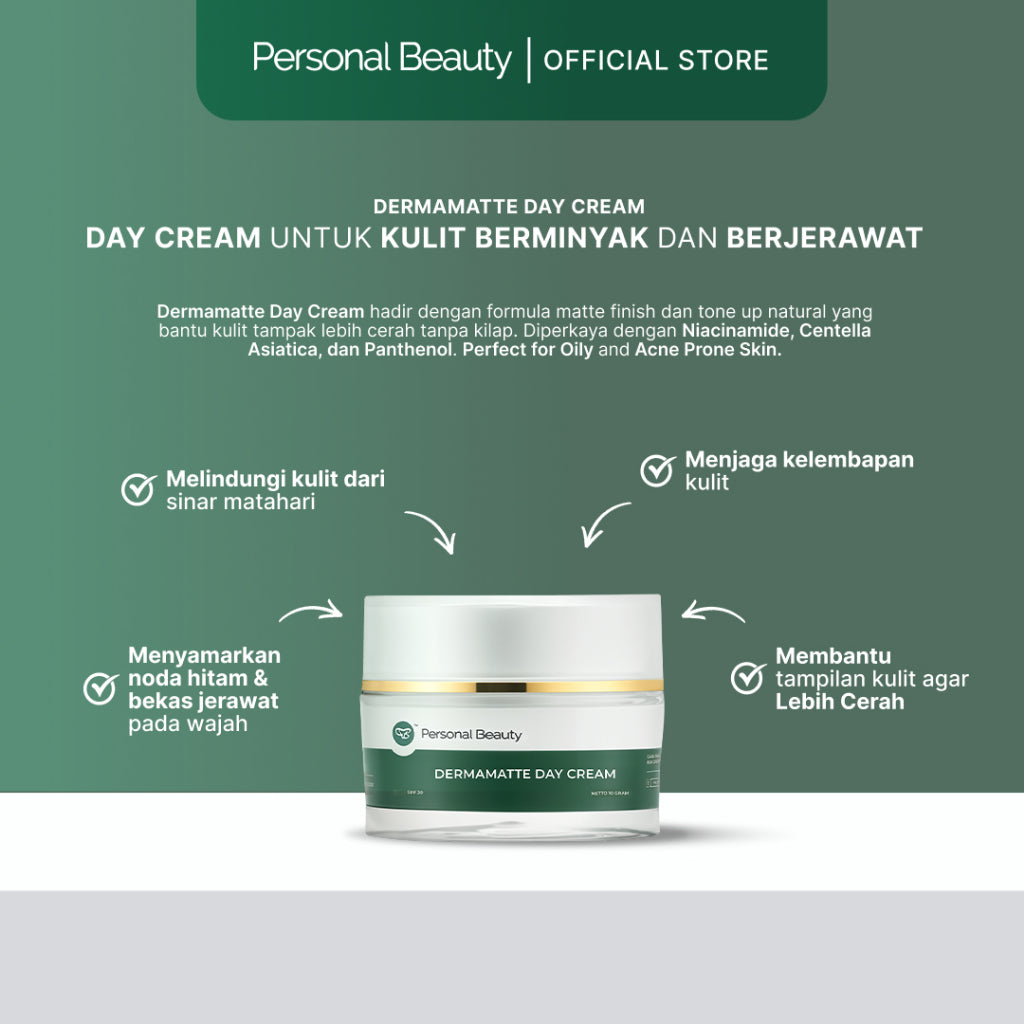 Dermamatte Day Cream Personal Beauty – Krim Siang untuk Kulit Berminyak, Bruntusan & Jerawat | Matte Finish | Personal Beauty
