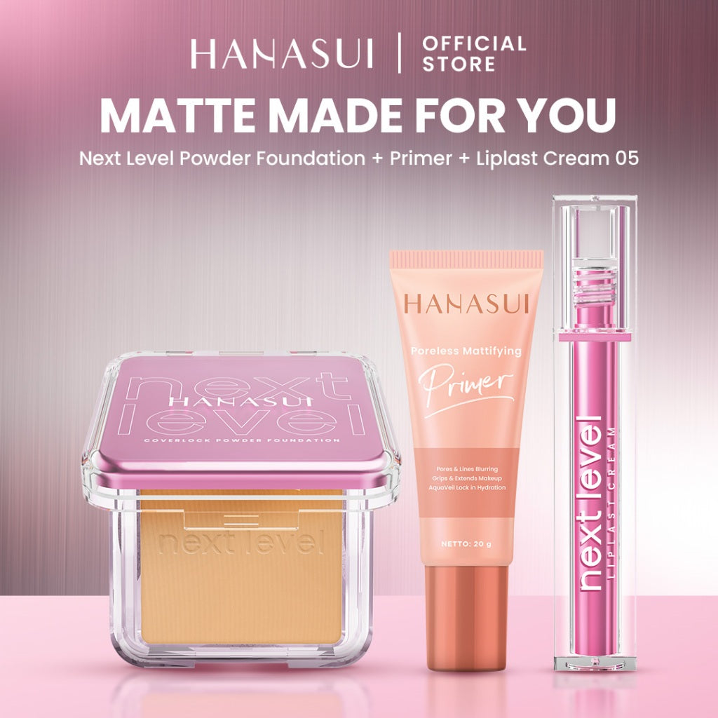 Hanasui Your Next Level Look – Bundle Makeup Lengkap & Tahan Lama Untuk Tampilan Flawless | Next Level Powder Foundation Primer Liplast Bouncy Blush Blurry Tint