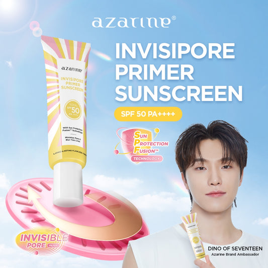 Azarine Invisipore Primer Sunscreen SPF 50 PA++++ 30gr Primer Makeup Pore Blurring Tahan Lama Longlasting Flawless Finish dengan PENTAVITIN™, Niacinamide, dan Centella Asiatica membantu melindungi dari polusi, sinar bluelight, sinar UV Semua Jenis Kulit