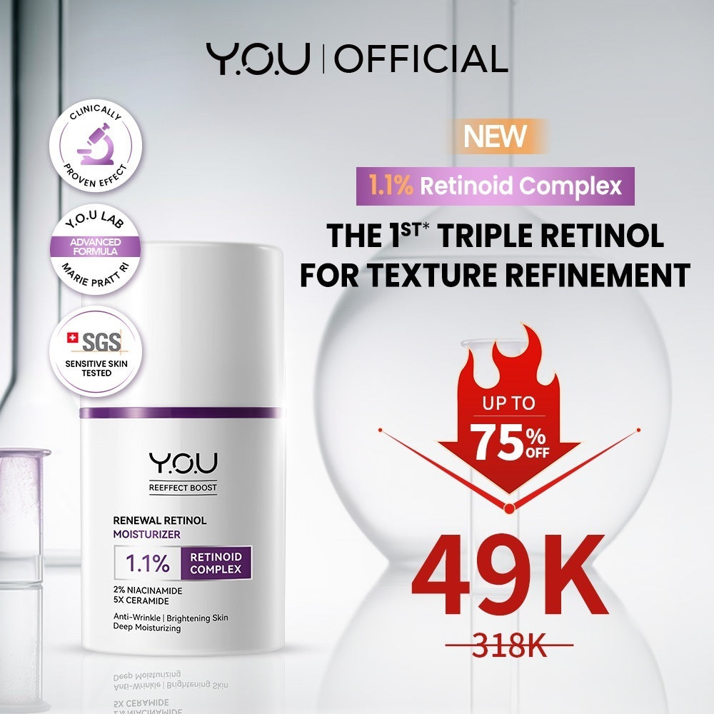 YOU Retinol 2pcs Set Advanced Retinol Serum 15ml + Renewal Retinol Moisturizer Anti aging Retinol Paket kulit cerah Brightening Dark spot noda hitam Memperbaiki tekstur kulit Anti aging Menyamarkan mencegah kerutan dan garis halus