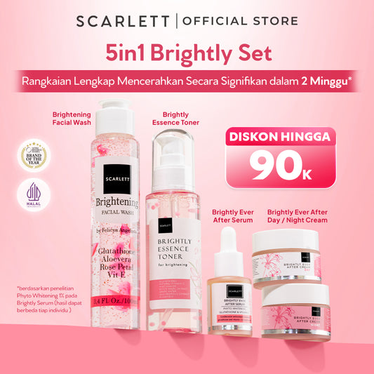 SCARLETT Brightly Ever After Series - Paket Lengkap Mencerahkan Wajah 5in1-Brightening Moisturizer +Serum+Cleanser+Toner+Krim Pagi+Krim Malam | Niacinamide Vitamin C Gluthatione