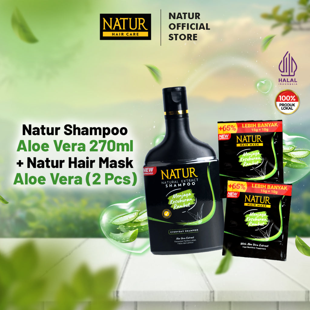 Natur Shampoo Aloe Vera 270 ml + 2pc Natur Hair Mask Aloe Vera - Paket Perawatan Melebatkan Rambut & Tebal
