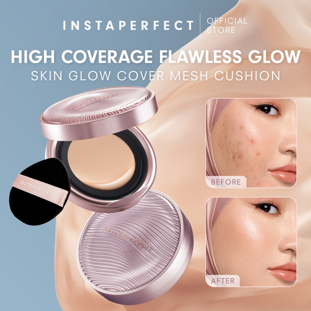 Instaperfect Skin Glow Cover Mesh Cushion High Coverage Formula Dilengkapi dengan SPF 50+ / PA++++  Tampilan Glow Up Natural- Melindungi Kulit dari Sinar UVA dan UVB- Make Up Foundation