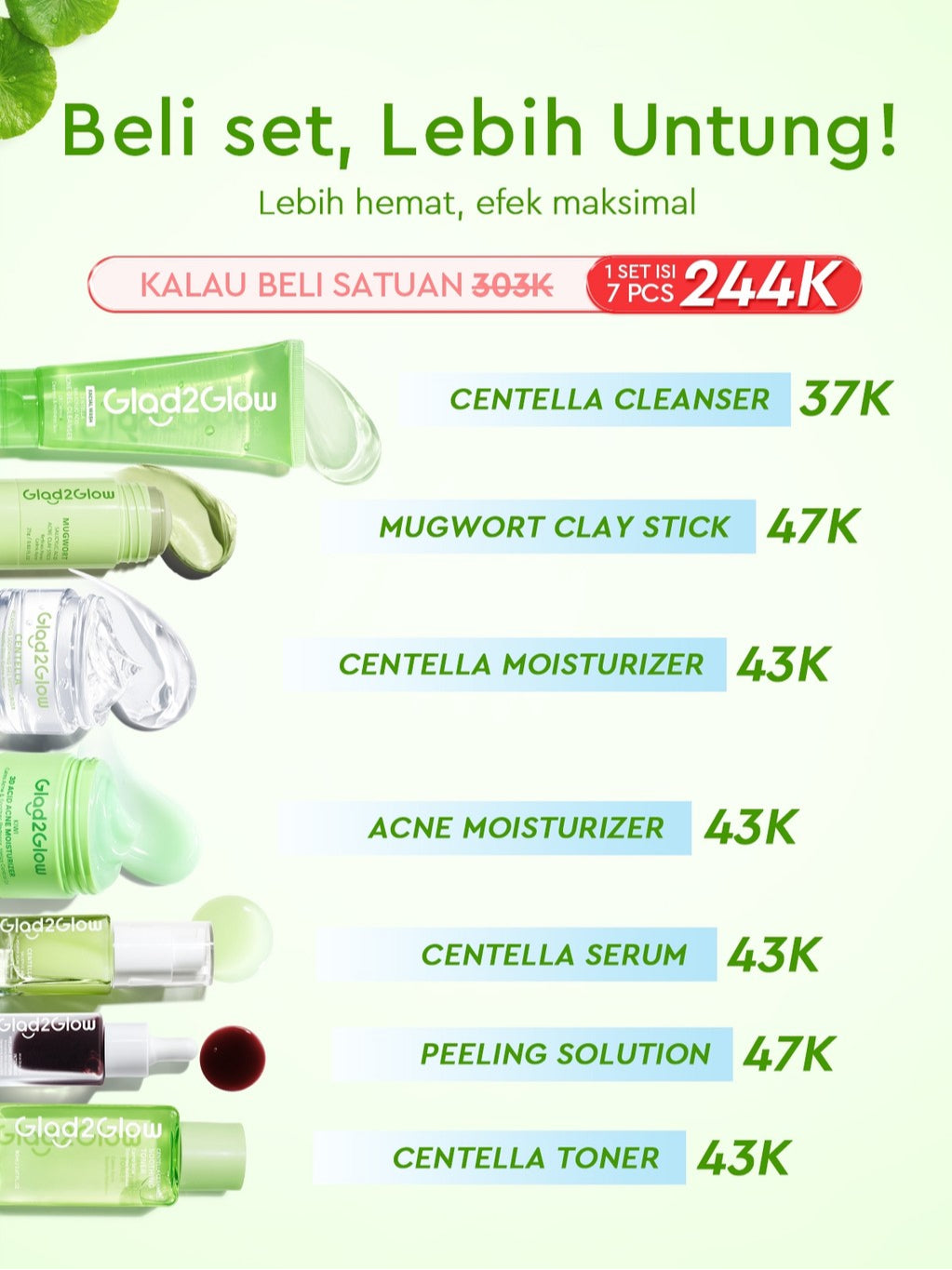 [ORDER NOW, HEMAT 50K]Glad2Glow Acne Jerawat Bundle 7in1 paket Centella madeca cream-Moisturizer+Serum+Cleanser+Toner+Clay Stick+Gel Skincare  Mask Menghilangkan Menenangkan kemerahan pada kulit Atur Minyak BerlebihMerawat Kulit g2glow official store