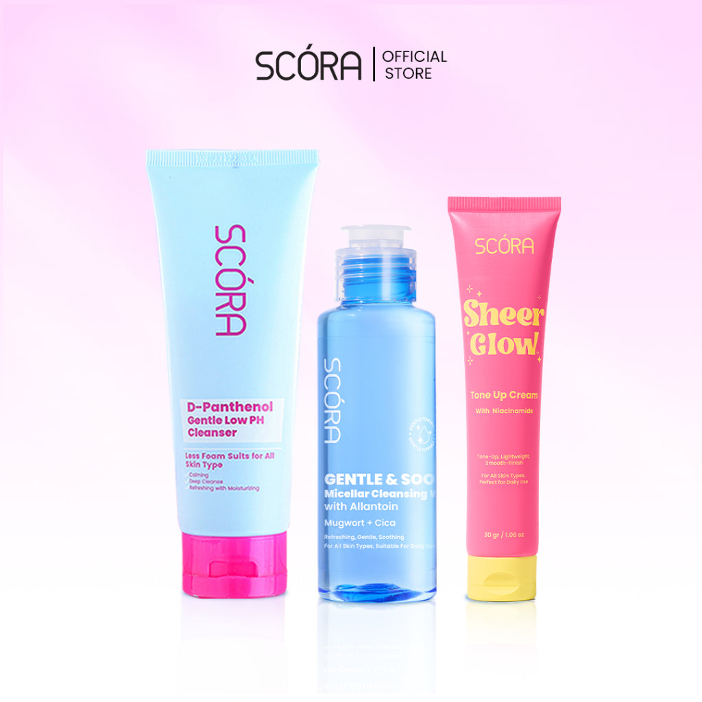 [Clean & Glow Trio] GLOWING & DEEP CLEANSING-SCORA Sheer Glow Tone Up Cream 30 Gr + SCORA Gentle Low pH Cleanser + SCORA Gentle & Soothe Micellar Cleansing Water 100 ml