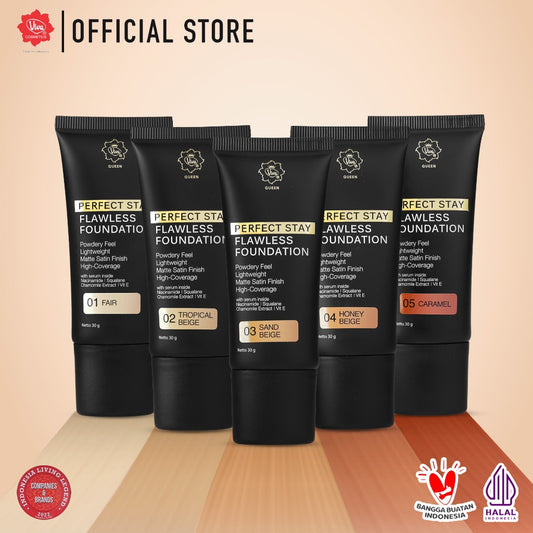Viva Queen Perfect Stay SERUM Flawless Foundation with NIACINAMIDE, UV FILTER, VIT E & Chamomile Extract (30gr) – High Coverage, Transferproof, Lightweight & Matte Satin Finish (tersedia 5 varian warna)