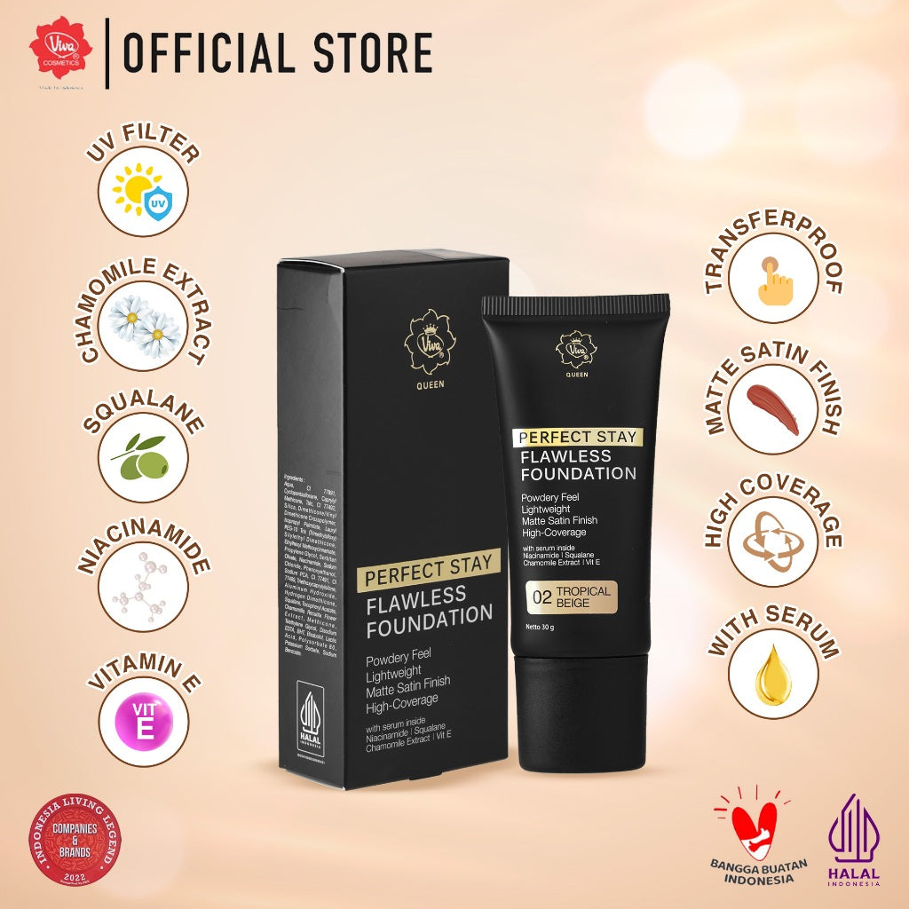 Viva Queen Perfect Stay SERUM Flawless Foundation with NIACINAMIDE, UV FILTER, VIT E & Chamomile Extract (30gr) – High Coverage, Transferproof, Lightweight & Matte Satin Finish (tersedia 5 varian warna)