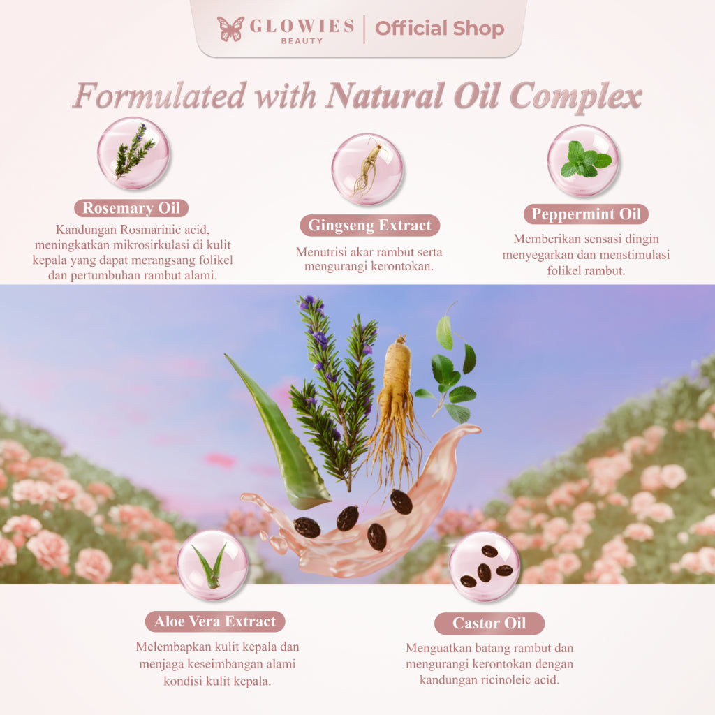 [NEW LAUNCH] Glowies Beauty Rosemary Complex Hair Oil Penumbuh Rambut Alami dengan 92% Natural Ingredients atasi Rambut Rontok & Rapuh dilengkapi dengan Rosemary, Ginseng, Castor & Aloe Vera Tanpa Pewangi & Aman untuk Kulit Kepala Sensitif