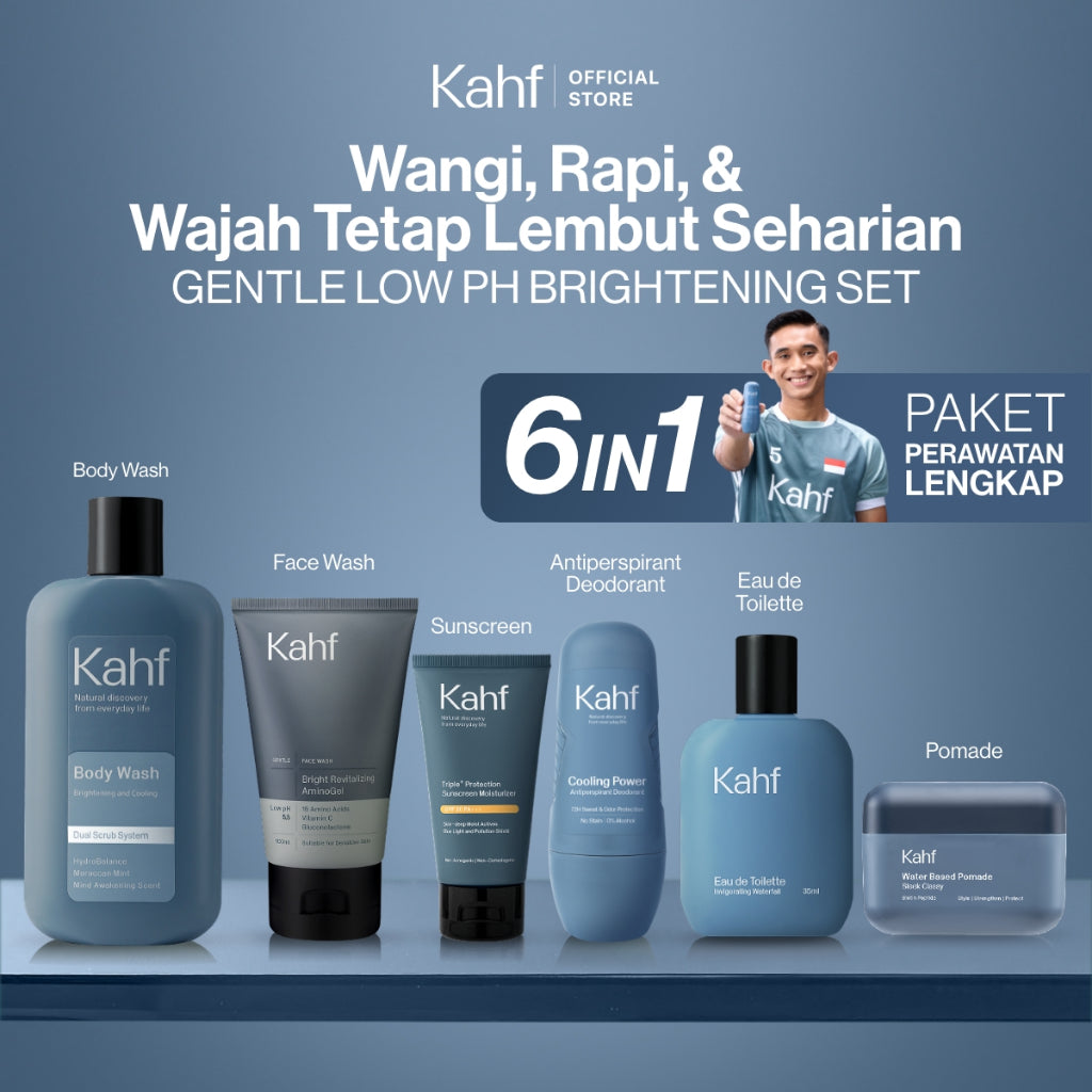 [KAHF BUNDLE 6IN1 PAKET PERAWATAN LENGKAP : WANGI, RAPI, & WAJAH TETAP LEMBUT SEHARIAN] Paket Complete Grooming (Face Wash + Sunscreen Moisturizer + Body Wash + Deodorant + EDT + Pomade/Hair Powder) - Approved by Barber and Suitable for Daily Use