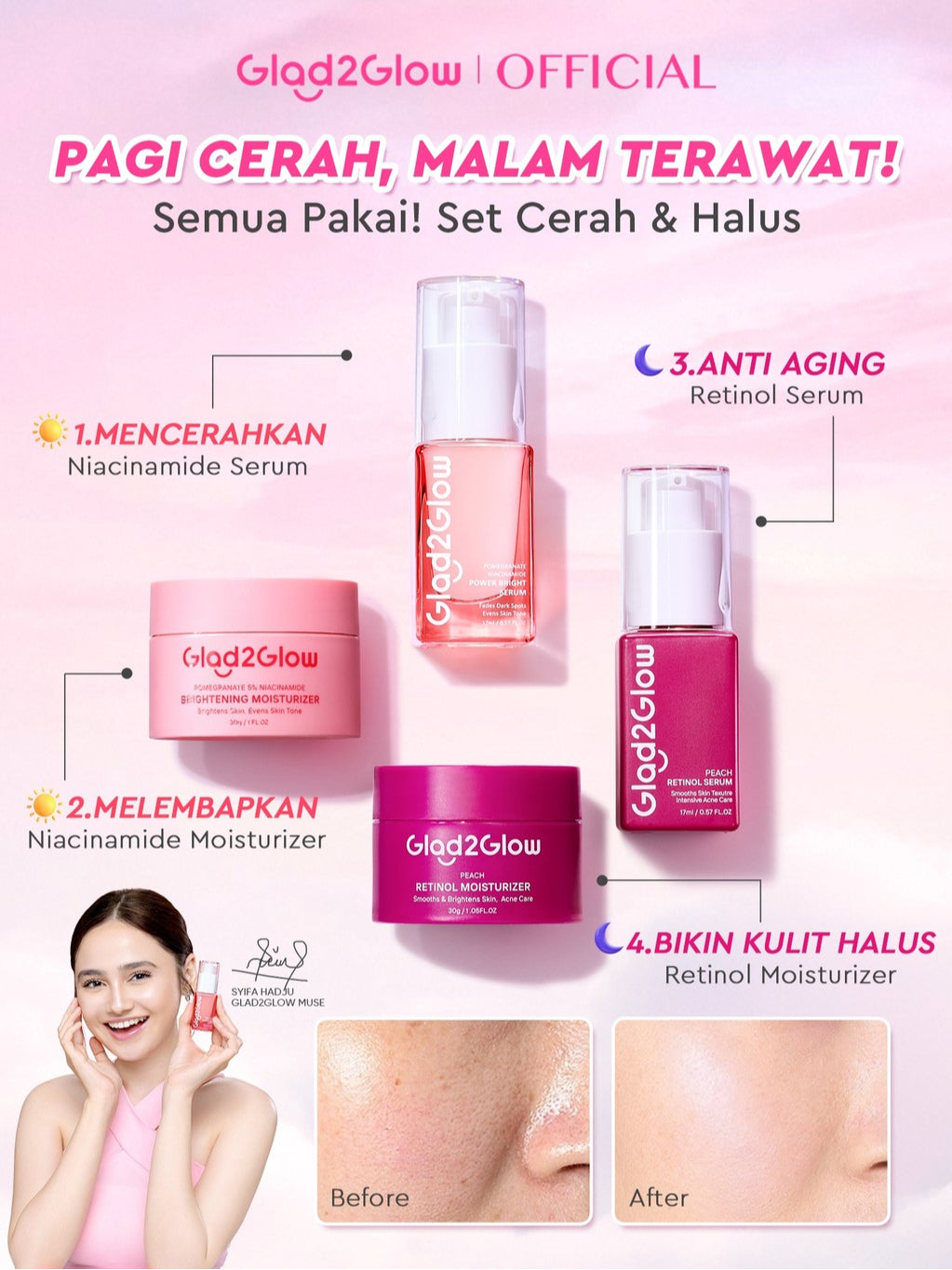 [ORDER NOW, HEMAT 30K]Glad2Glow Day & Night Renew Cerah Bundle Moisturizer+Serum Set Brightening 10%Niacinamide Peeling Eksfoliasi Retinol  tone up Pelembab Tubuh Kit Perawatan Kulit Hidrasi Delima Pelembab Wajah Pencerah Krim Gel g2glow official store