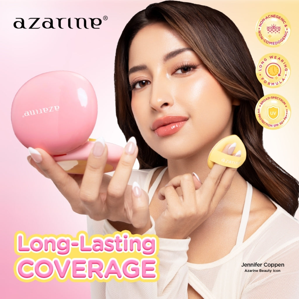 Azarine Fresh & Fun Bundle [3 PCS] Invisipore Primer Sunscreen SPF 50 PA++++ Primer Makeup Pore Blurring Tahan Lama + Sunscreen Cushion SPF50+ PA++++ Cushion Tahan Lama Flawless Matte Finish + Blush On Mango Tango