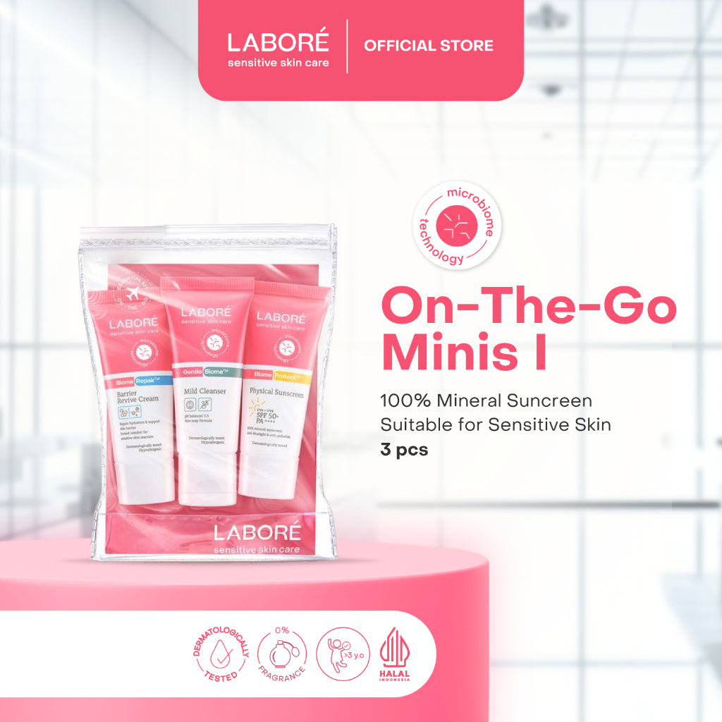 Labore Sensitive Skin Care On-The-Go Minis - Travel Size Sensitive Skin Care Kit - Paket Mild Cleanser 15ml, Barrier Revive Cream 10ml, Physical Sunscreen 10ml untuk Perawatan Wajah Kulit Sensitif