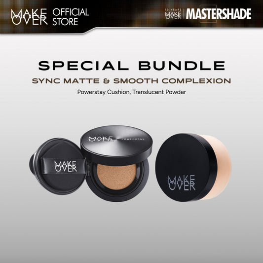 MAKE OVER Sync Matte and Smooth Complexion: NEW! Baru Powerstay Sync Matte Cushion + NEW! Silky Smooth Translucent Powder - Cushion Matte Tahan Lama Bedak Tabur Wajah Halus Paket Complexion Face Makeup