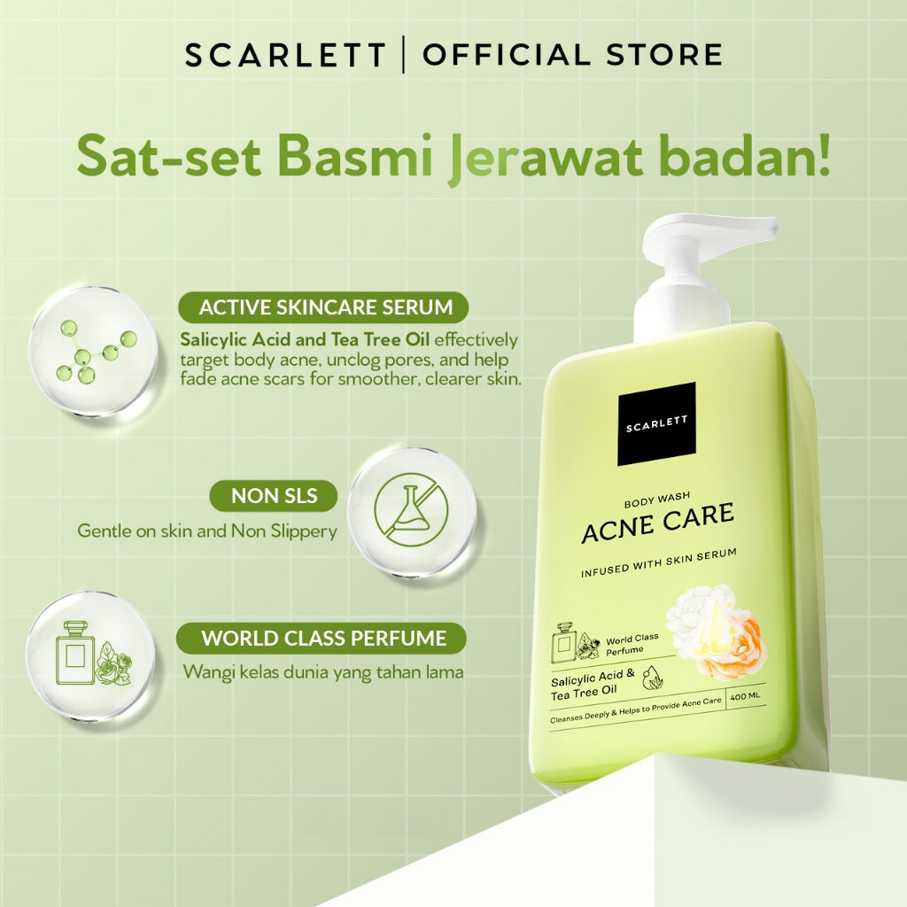 SCARLETT Perfumed Shower Serum 400ml – Acne Care | Anti-Acne Shower Gel dengan Salicylic Acid & Tea Tree Oil | Sabun Mandi Cair untuk Jerawat Punggung & Dada, Membersihkan Pori, Menenangkan Kulit Berjerawat | Shower Serum dengan Wangi Parfum Mewah