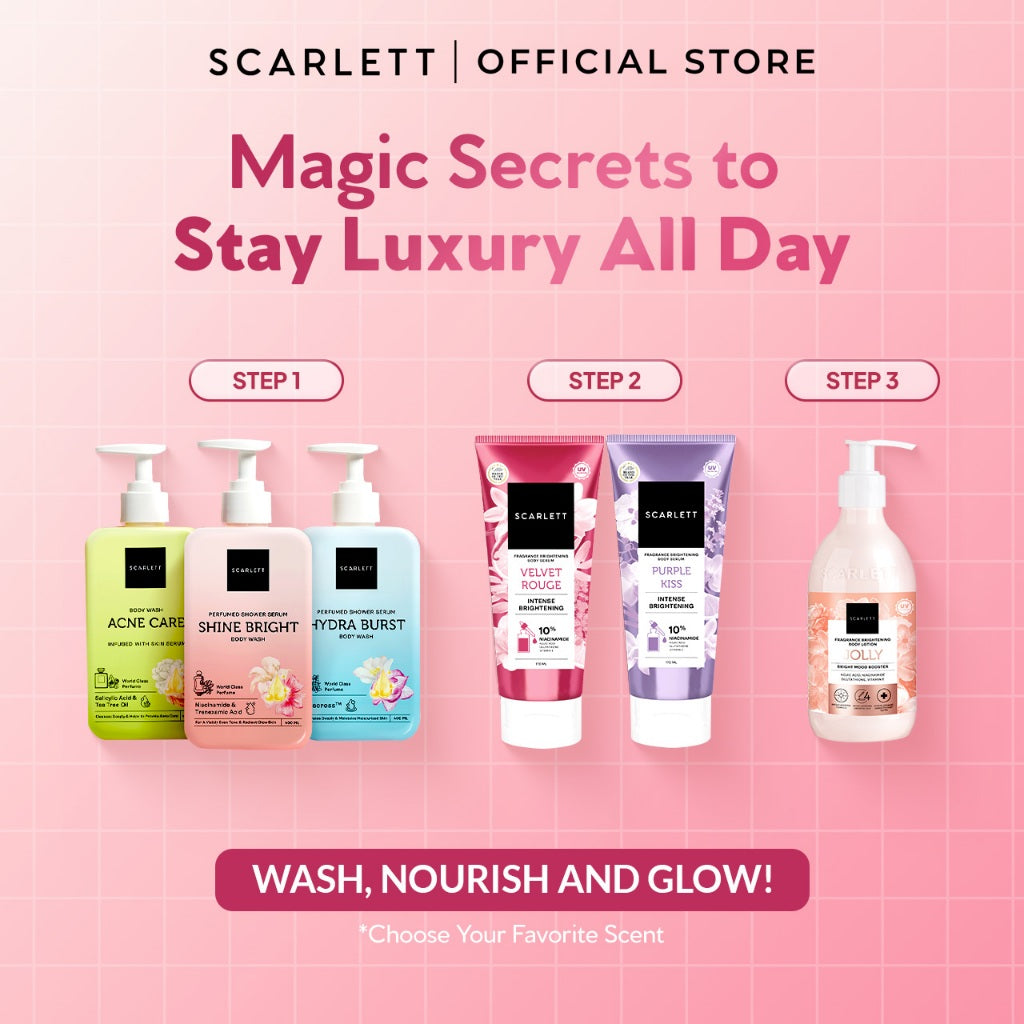 SCARLETT Perfumed Shower Serum 400ml - Brightening, Hydrating, Acne Care | Sabun Mandi Cair untuk Mencerahkan, Melembabkan, Merawat Kulit Berjerawat Jerawat Punggung | Shower Gel Wangi Parfum Mewah Kelas Dunia