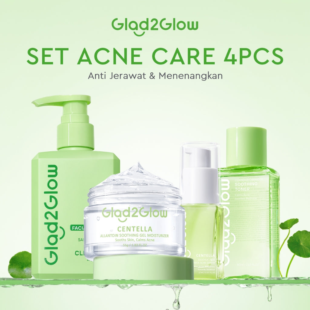 Glad2Glow Acne Jerawat Bundle 4pcs paket Centella madeca cream-Moisturizer+Serum+Cleanser+Toner Skincare Centella Masker Menghilangkan Menenangkan kemerahan pada kulit Atur Minyak BerlebihMerawat Kulit g2glow official store acnaway