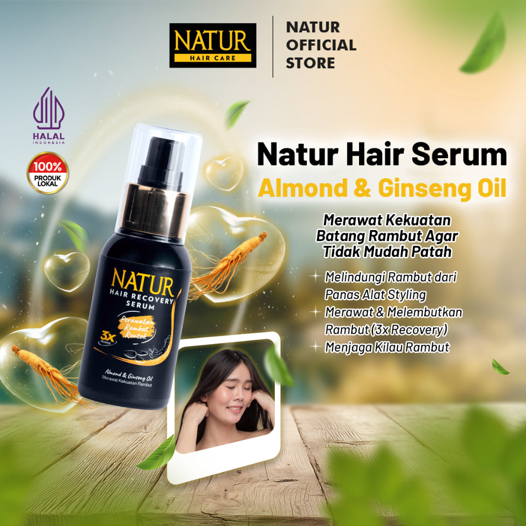 Natur Hair Recovery Serum Almond & Ginseng Oil 60 ml - Paket Menguatkan Akar Rambut Rontok / Anti Hair Fall