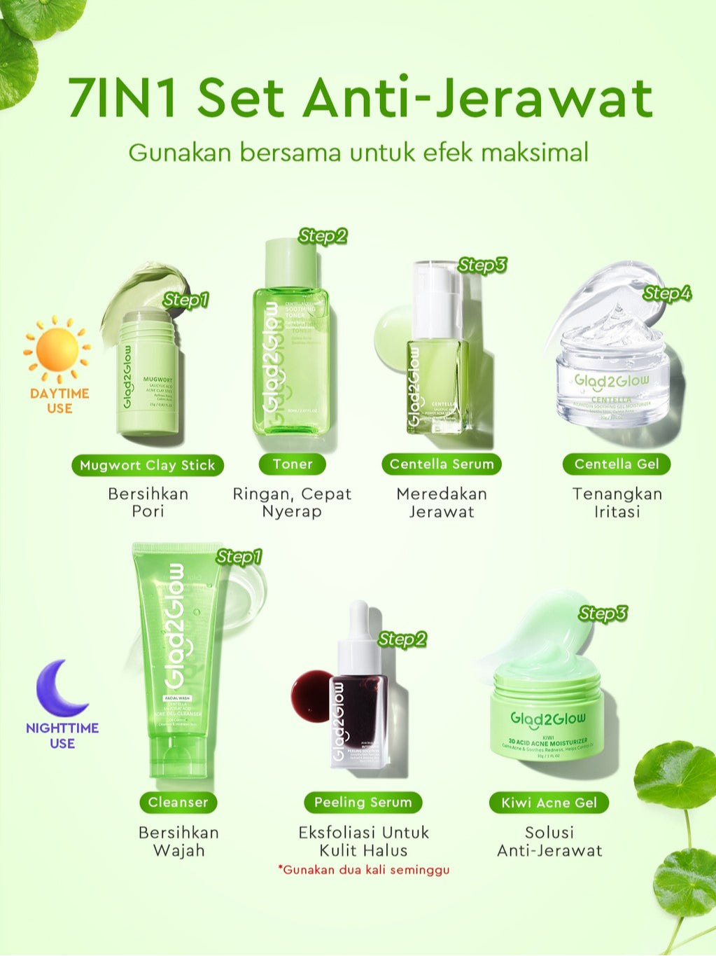 [ORDER NOW, HEMAT 50K]Glad2Glow Acne Jerawat Bundle 7in1 paket Centella madeca cream-Moisturizer+Serum+Cleanser+Toner+Clay Stick+Gel Skincare  Mask Menghilangkan Menenangkan kemerahan pada kulit Atur Minyak BerlebihMerawat Kulit g2glow official store