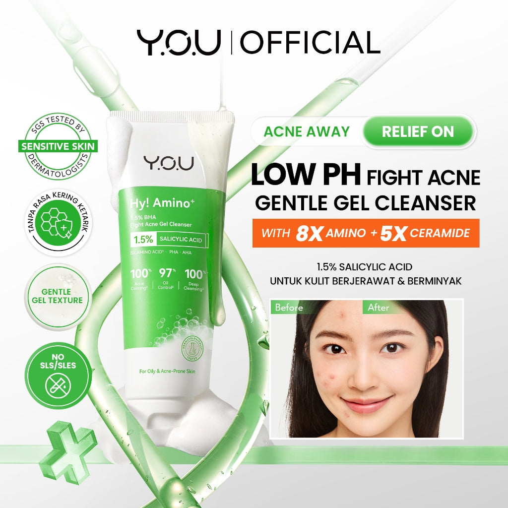 YOU Hy! Amino+ 1.5% BHA Fight Acne Gel Cleanser Amino Facial Wash Low pH Gentle Gel Salicylic Acid Acne Facial Wash Centella Sabun Pembersih Wajah Jerawat