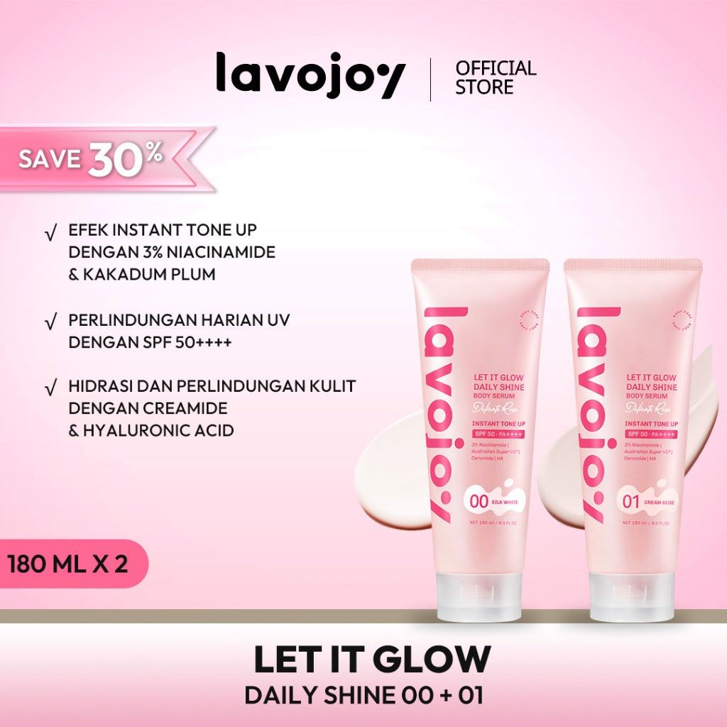 [TONE UP TWINPACK] Lavojoy Let It Glow Daily Shine Body Serum Instant Tone Up Delicate Rose with SPF 50PA++++ | Body Serum untuk Perlindungan Sinar UV | Mencerahkan Seketika & Melembapkan Kulit dengan 3% Niacinamide + Australian Super VC + Ceramide + HA