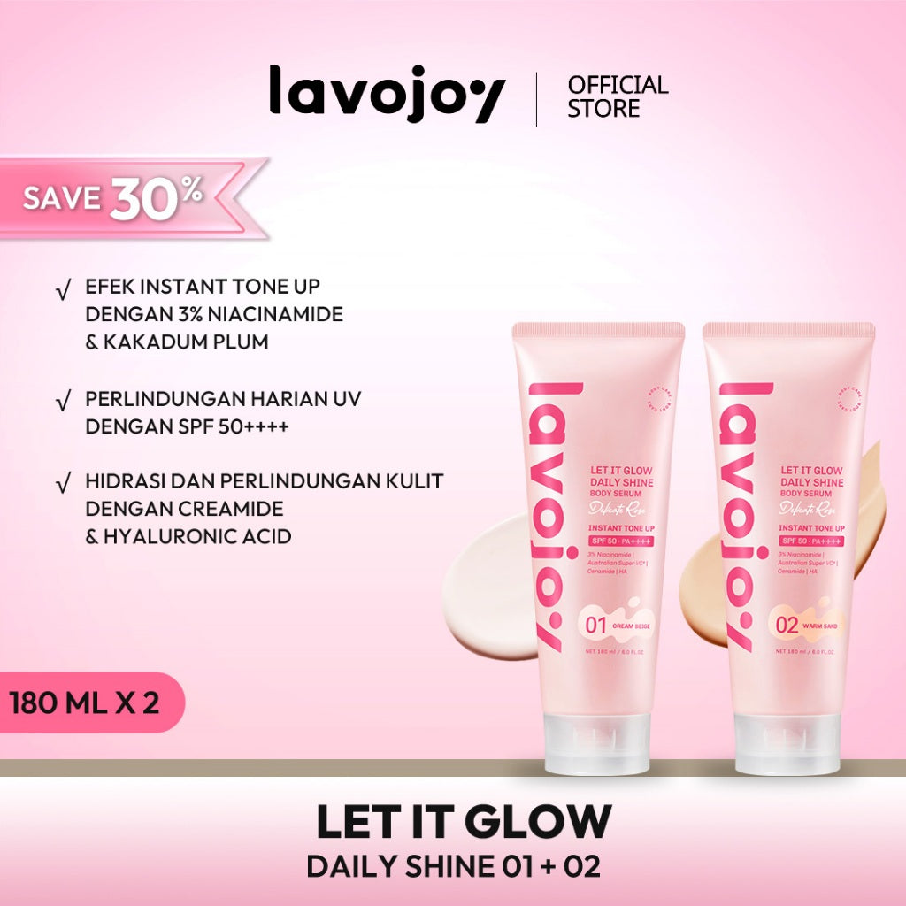 [TONE UP TWINPACK] Lavojoy Let It Glow Daily Shine Body Serum Instant Tone Up Delicate Rose with SPF 50PA++++ | Body Serum untuk Perlindungan Sinar UV | Mencerahkan Seketika & Melembapkan Kulit dengan 3% Niacinamide + Australian Super VC + Ceramide + HA