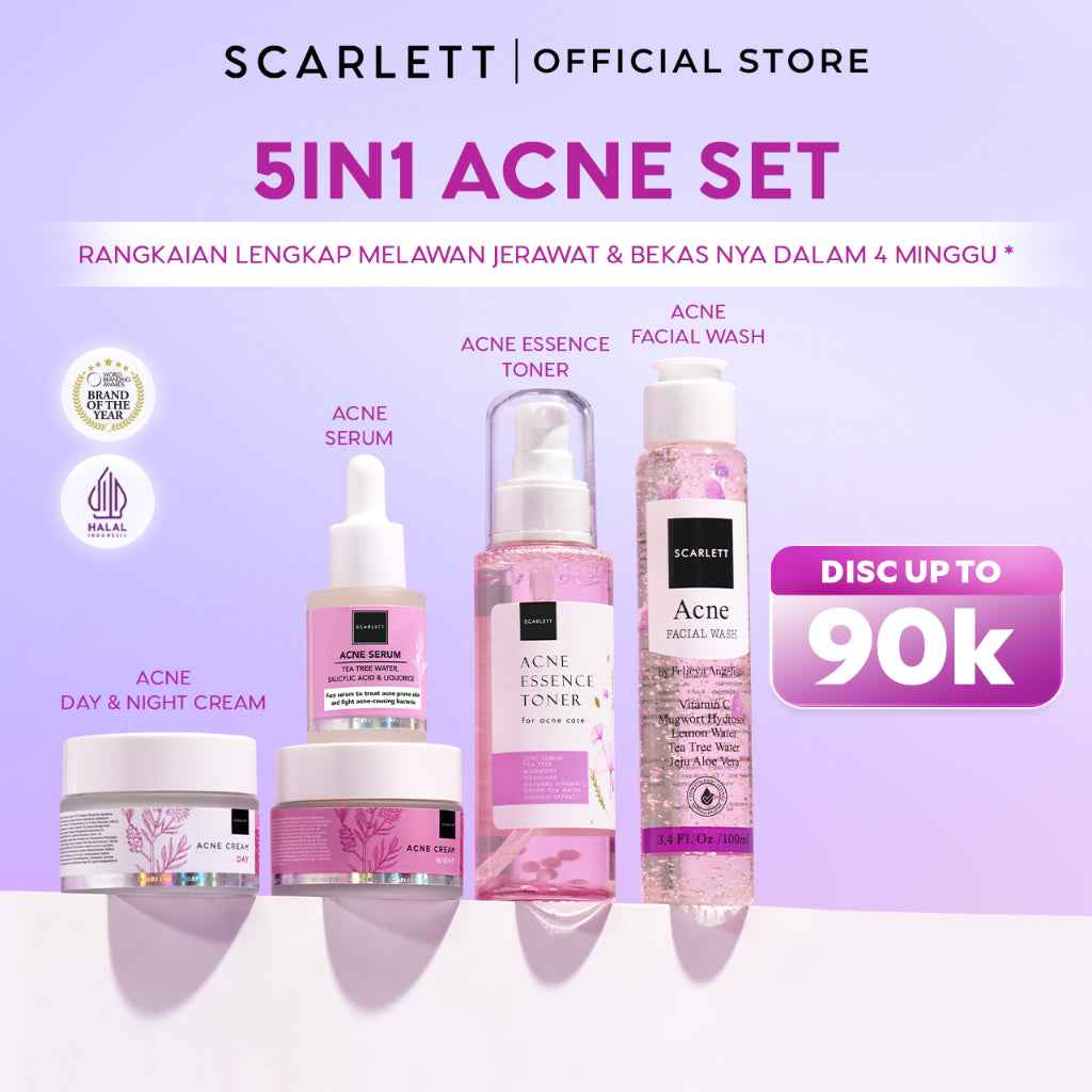 SCARLETT Acne Series - 5in1Paket Lengkap Mencegah & Penghilang Jerawat  2% Salicylic Acid  Serum+Cleanser+Toner+Krim Pagi+Krim Malam