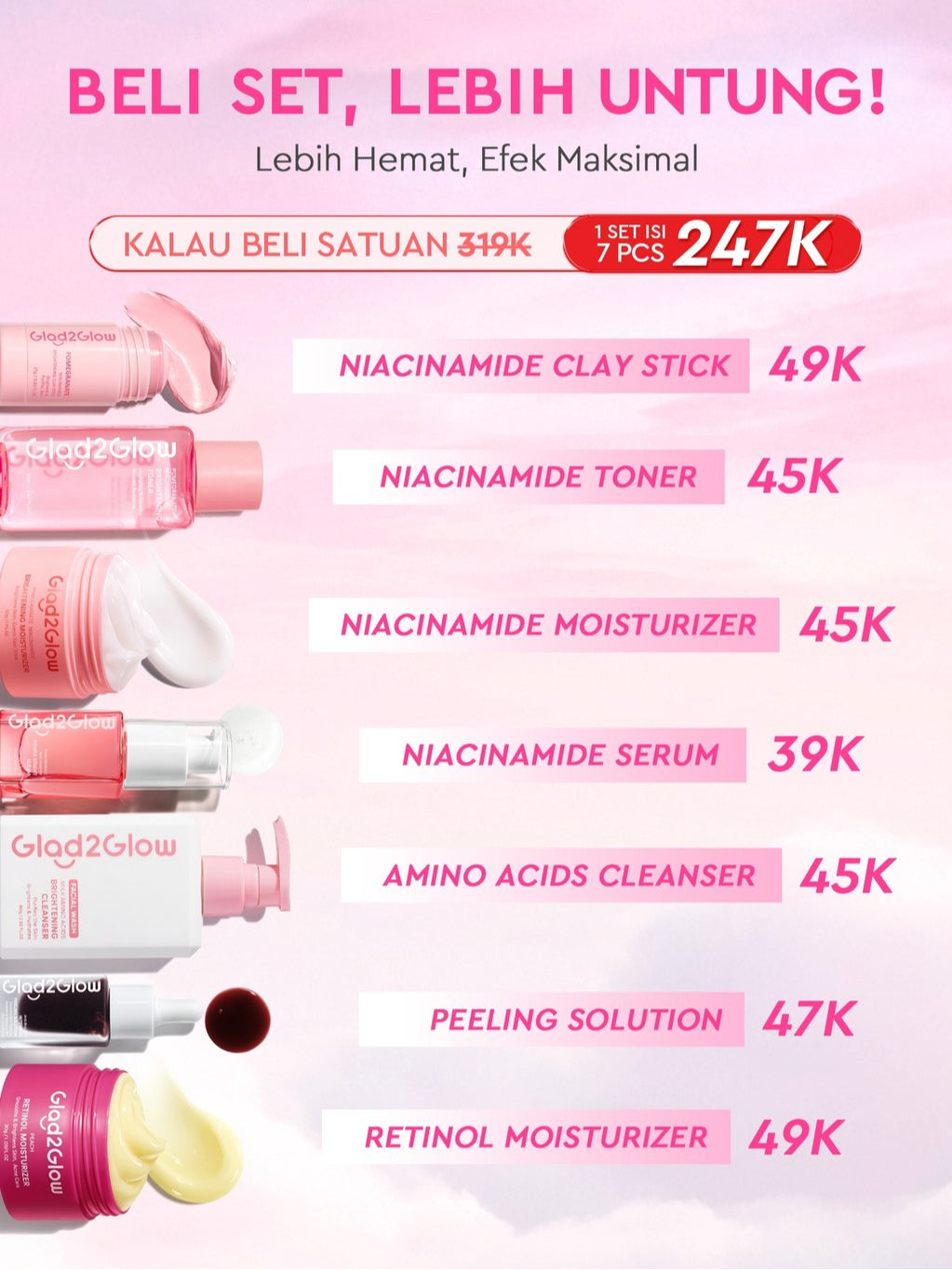 [Cocok Untuk Pemula] Glad2Glow Cerah Glowing Bundle all in 1 7in1-Brightening Moisturizer+Serum+Cleanser+toner+Peeling solution+Retinol 10%Niacinamide skincare paket pembersih perawatan kulit mencerahkan warna kulit pelembab wajah g2glow official store
