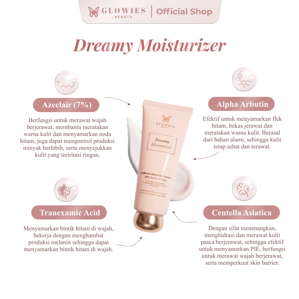 Ready Stock Glowies Beauty Dreamy Moisturizer 80ml Aman untuk Remaja & Kulit Sensitif with 7% Azelclair Niacinimide Alpha Arbutin 5x Ceramide Bantu Redakan Jerawat & PIE Memperbaiki Skin Barrier dan Acne Repair Non Comedogenic