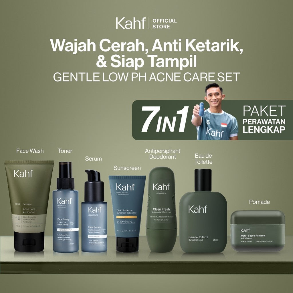 [KAHF BUNDLE 7IN1 PAKET PERAWATAN LENGKAP : WAJAH CERAH, ANTI KETARIK, & SIAP TAMPIL] Paket Complete Grooming (Face Wash + Toner + Serum + Sunscreen Moisturizer + Deodorant + EDT + Pomade/Hair Powder) - Approved by Barber and Suitable for Daily Use