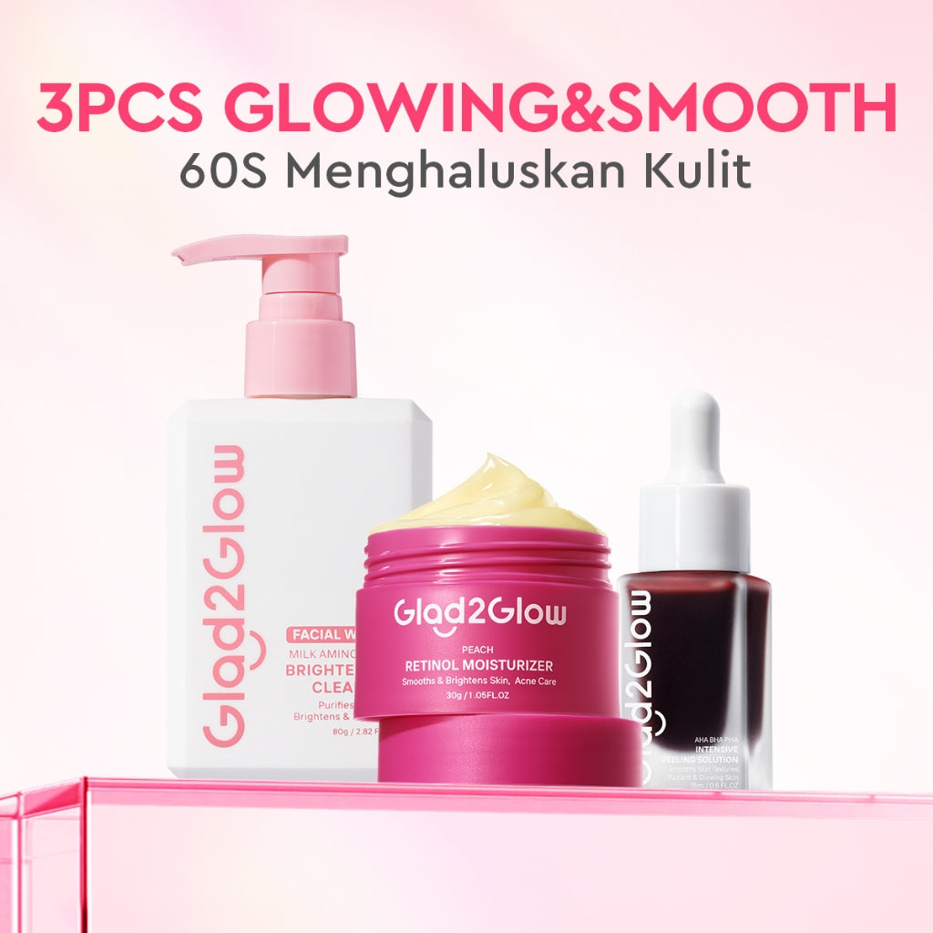Glad2Glow bundle 3in1 paket Skincare- Moisturizer+Serum+Cleanser- Face Wash  Glowing Kit Dark Spot Acne Kit Mencerahkan warna kulit Menghilangkan jerawat Anti penuaan kulit halus Mencerahkan bintik hitam Beauty Sets & Packages g2glow official store