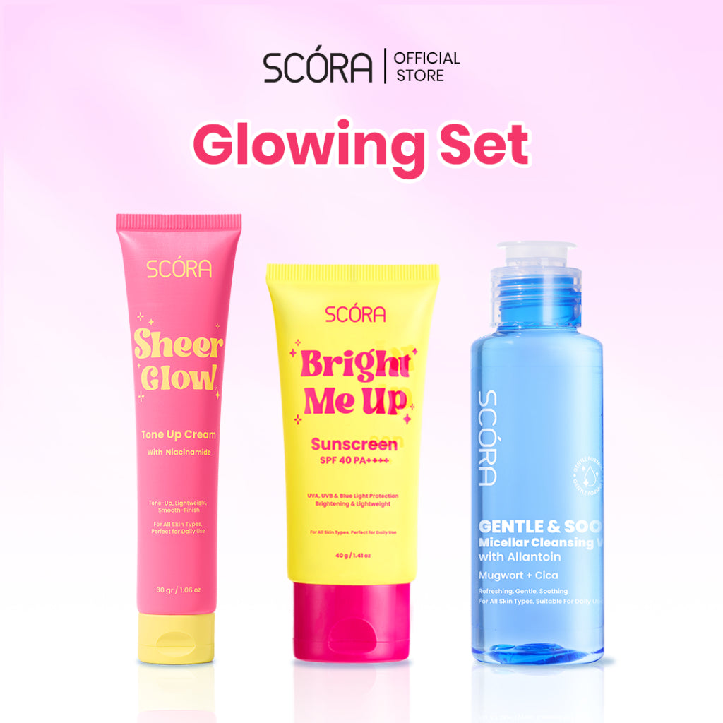 [Glowing Set] SCORA Bright Me Up Sunscreen 40 Gr + SCORA Gentle and Soothe Micellar Cleansing Water 100ML + Scora Sheer Glow Tone Up Cream 30 mL + SCORA Gentle Low pH Cleanser 100ml
