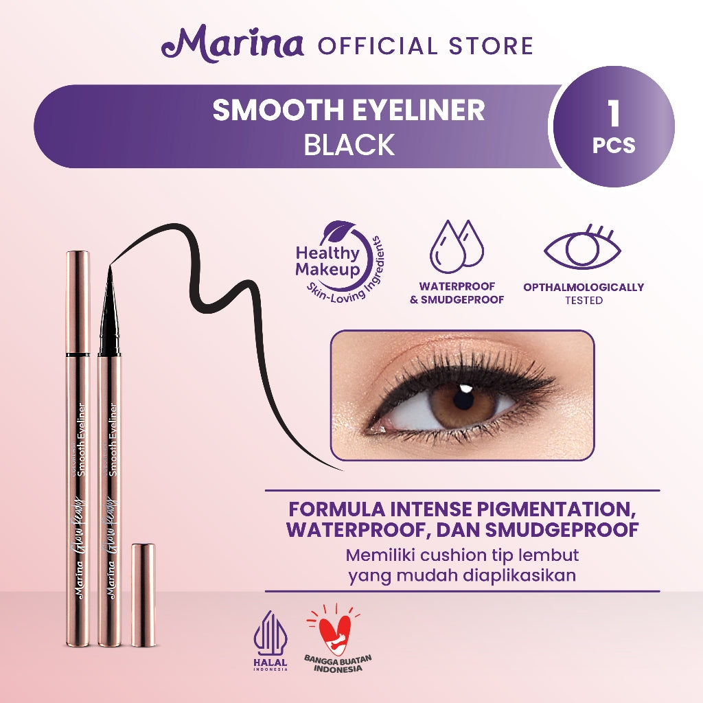 Marina Glow Ready Smooth Eyeliner Black - Eyeliner Waterproof Hitam - Exp : 07.2027
