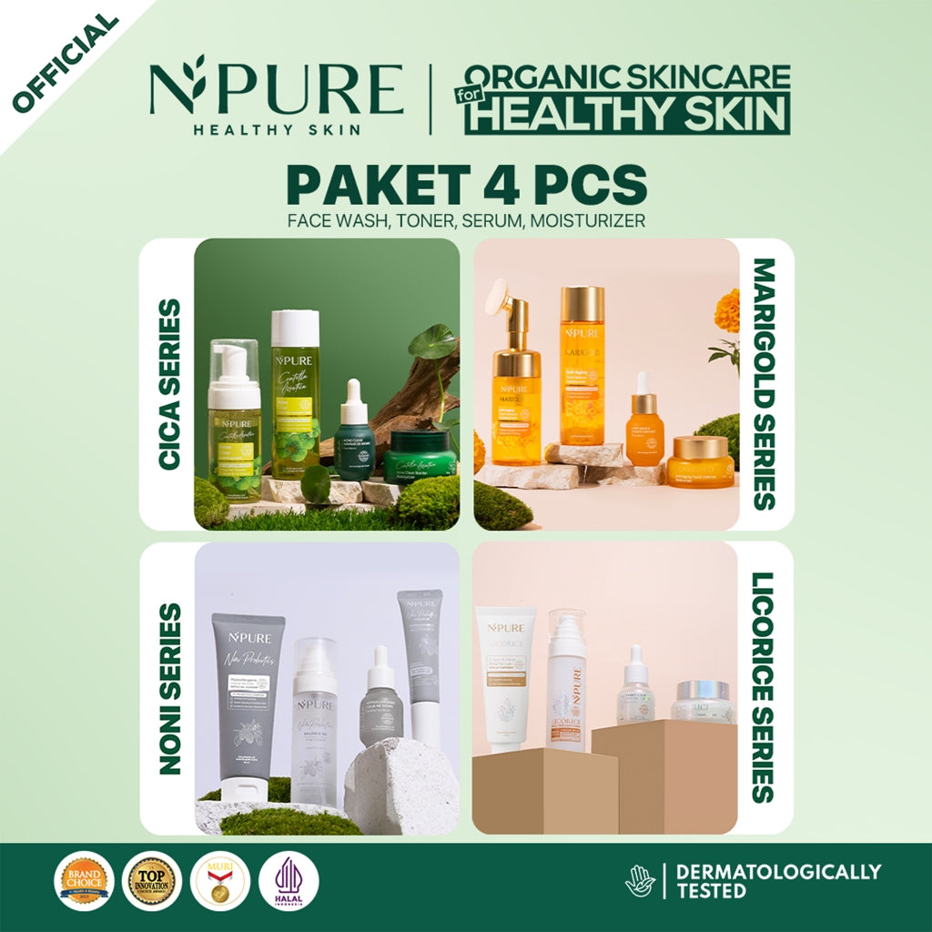 PAKET 4PCS - NPURE Paket Face Wash + Toner + Serum + Moisturizer Cica Acne - Marigold Anti Aging - Noni Sensitive - Licorice Brightening and Glowing Cleanser Mencerahkan Gatal Wajah Treatment Facial Hydrating