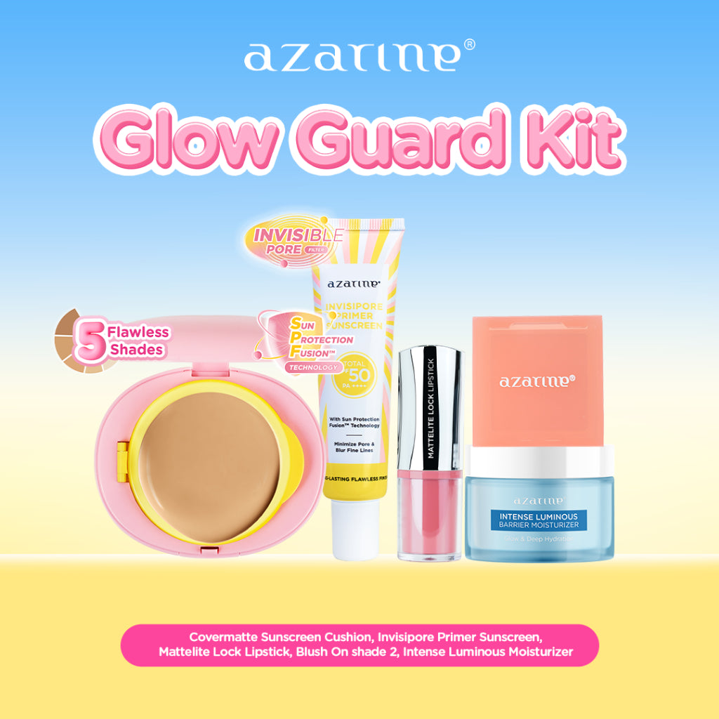 Azarine Glow Guard Kit [5 PCS] BASIC SET MAKEUP LENGKAP SKINCARE DAN MAKEUP! Moisturizer + Invisipore Primer Sunscreen SPF 50 PA++++ + Lipstick + Blush On + Covermatte Cushion Tahan Lama Flawless Matte Finish Lightweight Makeup