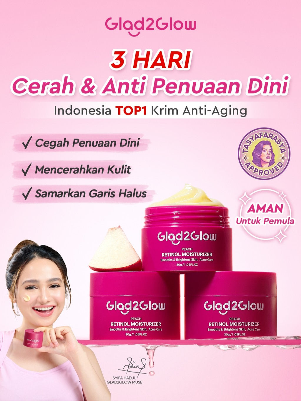 [Tasyafarasya Approved]Glad2Glow Peach Retinol Moisturizer Pelembab Anti Penuaan Penghalang Kulit Mencerahkan Flek Hitam Mengurangi kerutan mencerahkan warna kulit menghaluskan kulit mengecilkan pori-pori membesar dan melembabkan g2glow official store