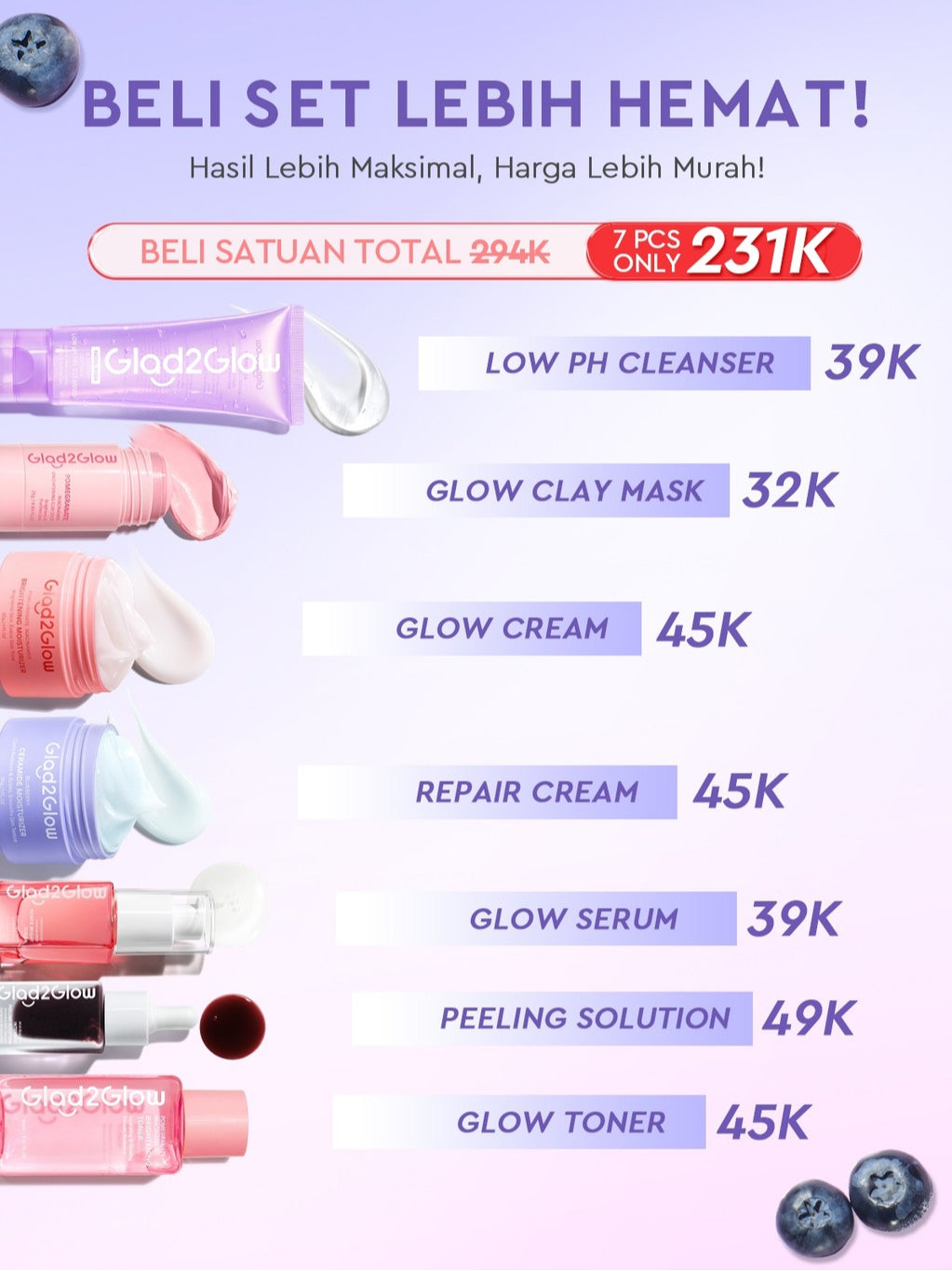 Glad2Glow Cerah&Pulihkan Bundle all in 1 7in1 Glowing skincare Brightening Set-Pulihkan/Cerah Krim+Cerah/kulit halus Serum+Pulihkan cleanser+Cerah Toner whitening Moisturizer facial wash Pelembab skincare 1 set lengkap G2G glad2glow official store