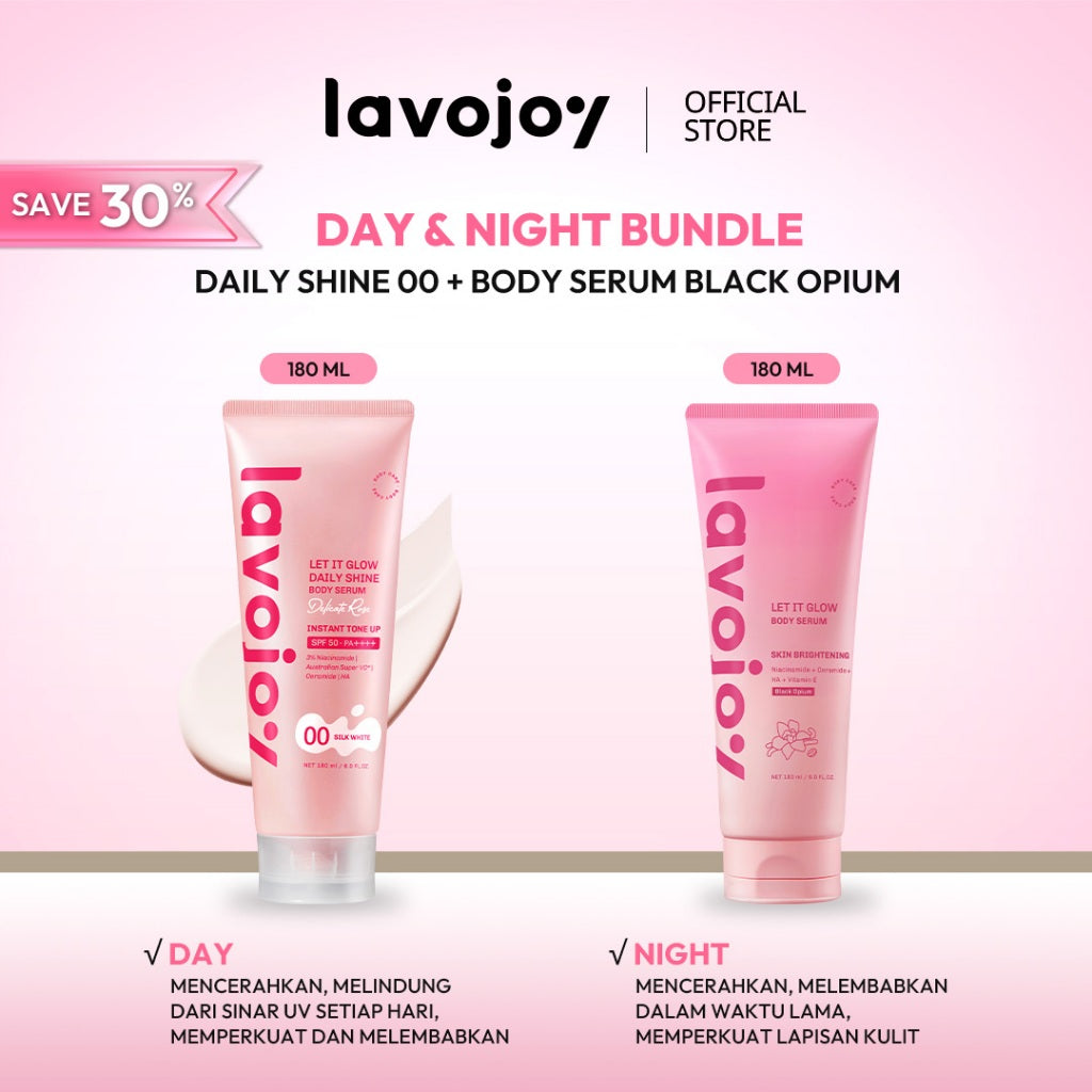 [BUNDLE DAY&NIGHT] Lavojoy Let It Glow Daily Shine Body Serum Instant Tone Up Delicate Rose with SPF 50 PA++++ & Body Serum Skin Brightening | Mencerahkan dan Melembabkan kulit |  Body Serum Siang dan Malam
