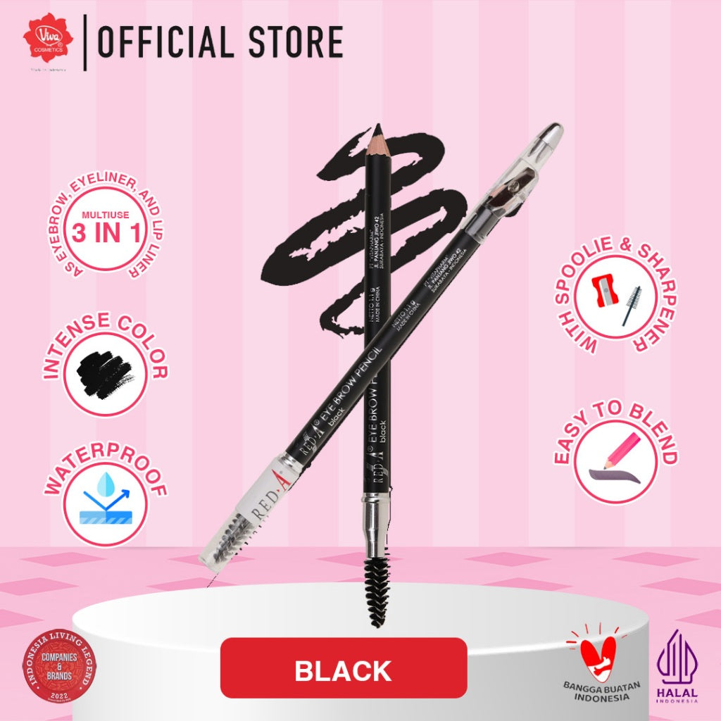 Red-A 3-in-1 Eye Brow Pencil with Spoolie & Sharpener - WATERPROOF, BLENDABLE, MULTIUSE (Tersedia 3 Varian Warna)