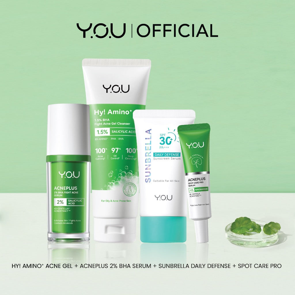 YOU Acneplus 4in1 Bundle Exfoliating Toner, Acne Spot, Serum, Hy! Amino+ 1.5% BHA Fight Acne Gel Cleanser Serum Jerawat Obat Totol Jerawat Paket Skincare