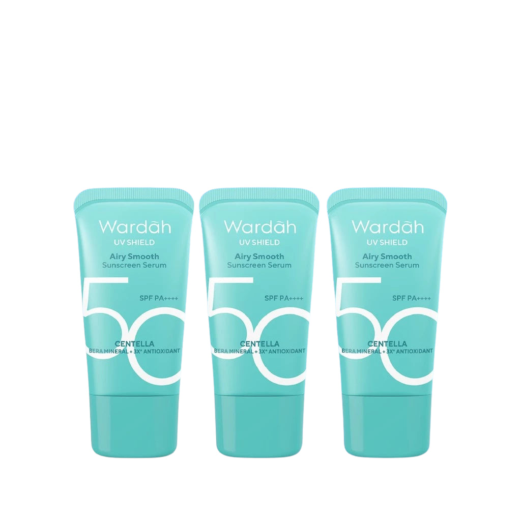 NEW FORMULA & PACKAGING! TRIPLE PACK Wardah UV Shield Acne Calming Sunscreen SPF 35 PA+++, Bright-C Hydrating Sunscreen SPF 35 PA+++, Airy Smooth Sunscreen SPF 50 PA++++ 25ml - 0% Alkohol, Ringan, Transparant - Skincare